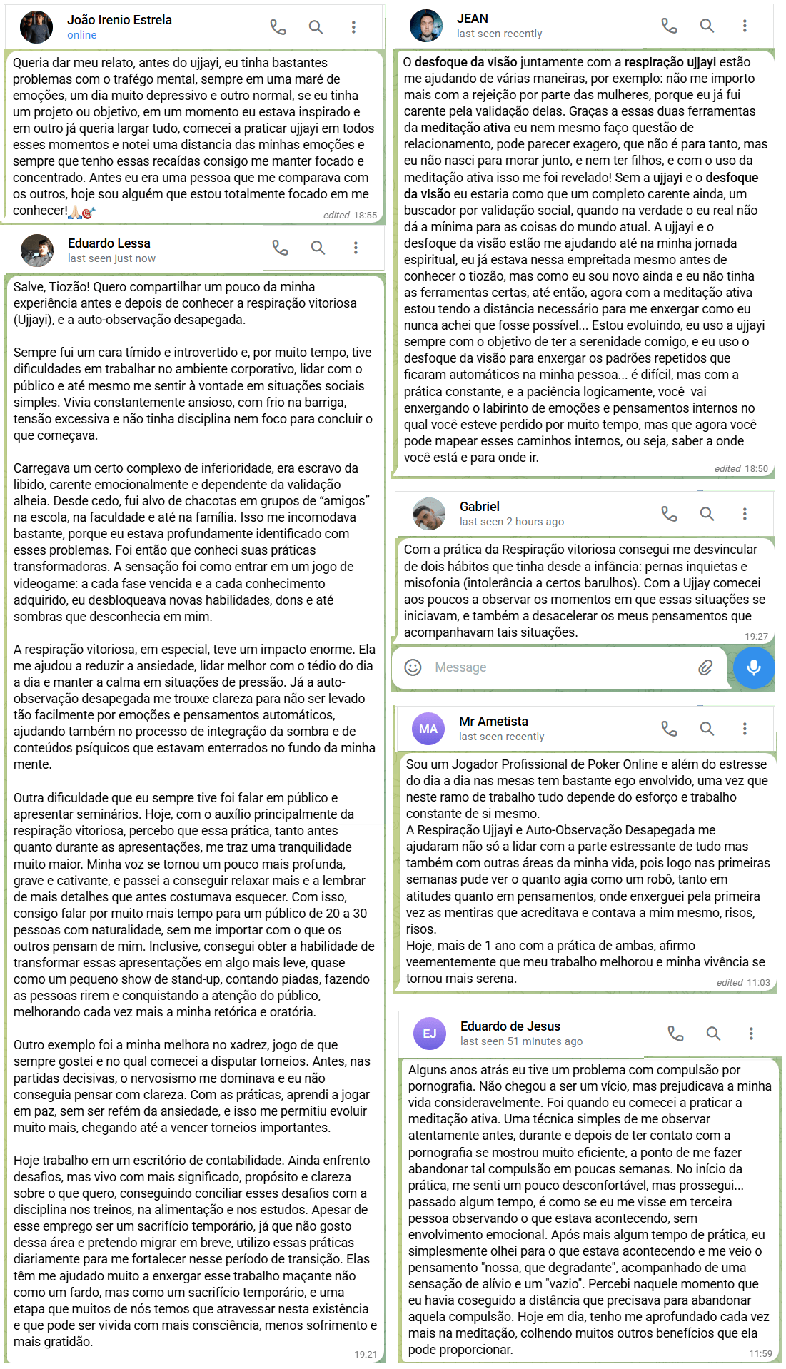 Prints de depoimentos e conversas no grupo